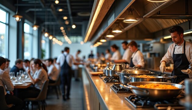 Busy restaurant interior shows chefs preparing food at open kitchen. Waiters serve friends seated at tables. Staff works efficiently amid dinner rush. Culinary team focuses on meal preparation,