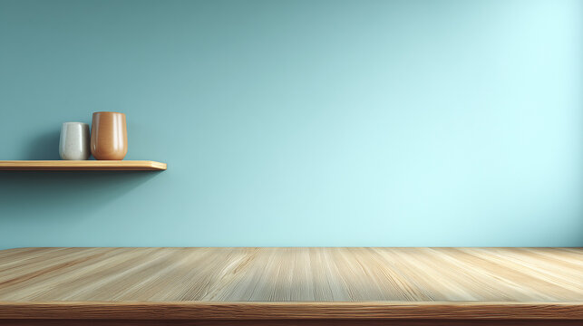 Empty smooth wooden table surface in the foreground with a light blue wall and decorative shelf in the background for product display concept
