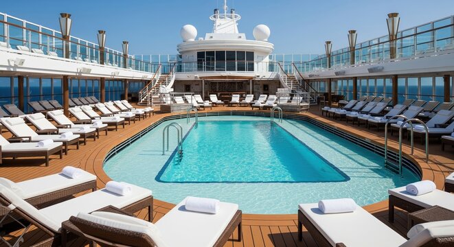 Swimming pool and deck chairs on cruise ship on sunny day. A serene, top-down shot of luxury and relaxation. Tropical escape, leisure lifestyle, vacation cruise.