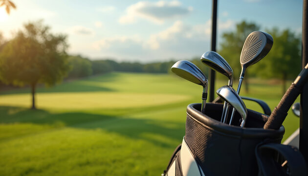 Golf clubs stand in a bag on a cart. A green course with trees stretches into the sunny distance. The equipment waits for players on a beautiful day.