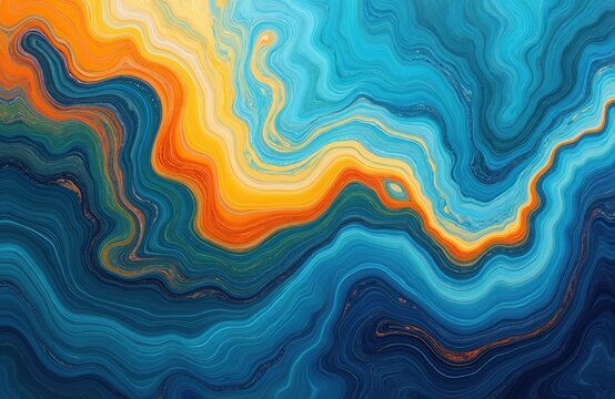 Abstract swirls mimic agate stone and flowing water. Warm orange lines contrast deep blue and aqua waves. Organic liquid art texture creates dynamic, modern background visuals.