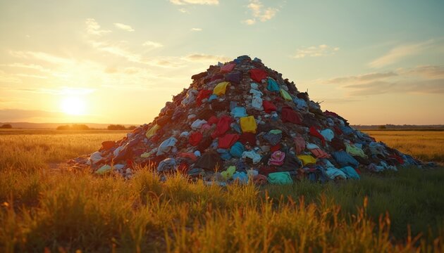 Huge pile of colorful discarded clothes sits on grass field at sunset. Symbol of fashion waste overconsumption and pollution impacts on nature and environment.