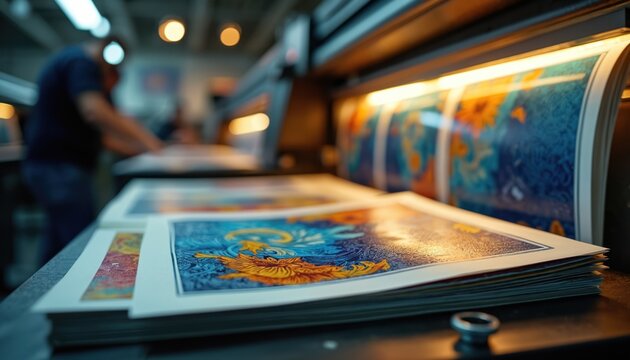 Man operates printing machine making colorful art prints. Finished artwork stacked on table. Bright inks create vibrant picture designs. Production of graphic posters in workshop.