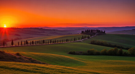 Obraz premium A serene landscape of rolling hills and trees at sunset in a peaceful countryside