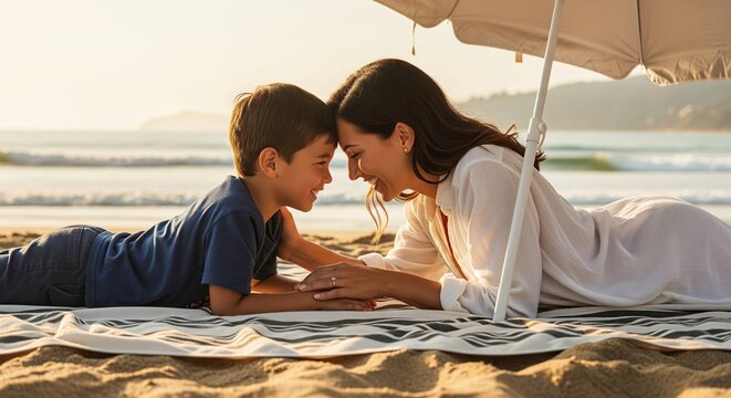 Mother and son smile, laying on beach under sun umbrella. A close-up, warm image of affection and bonding. Family vacation, happy childhood, seaside holiday.