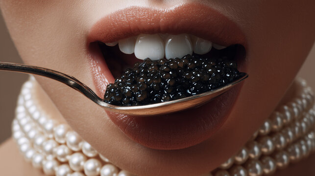 Close-up of elegant woman's lips with pearl necklace holding a silver spoon of black caviar for luxury food and beauty editorial concept
