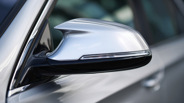 Close-up of a sleek chrome side mirror on a dark luxury car exterior with soft reflections and modern design details