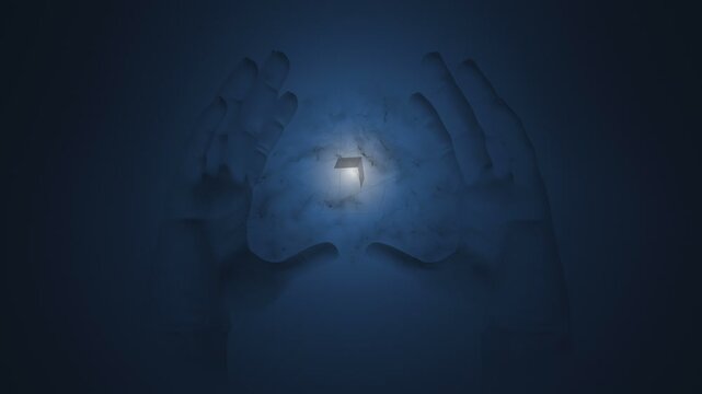 Hands holding an evil energy cube. Concept 3d animation.