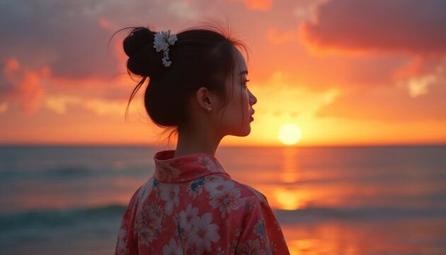 Young asian woman in kimono jacket watches orange sunset over calm sea. Ocean waves reflect sun. Girl with hair bun contemplates seascape at dusk.