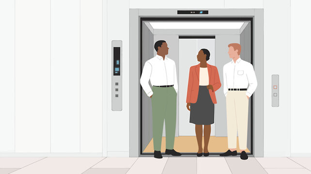 Diverse group of professionals conversing while waiting inside a modern elevator