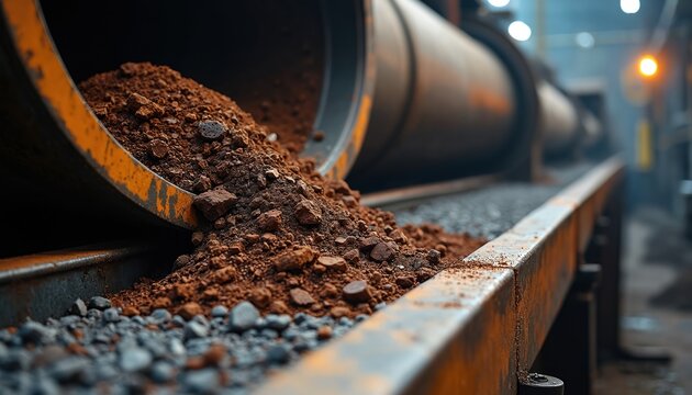 Iron ore tumbles from a pipe onto a conveyor belt for magnetic separation in a factory. Crushed rock moves through automated industrial machinery for mineral processing and metal extraction.