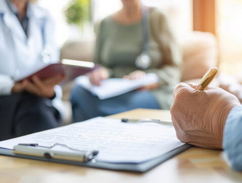 Medical Consultation and Note Taking. A close-up of a hand taking notes on a clipboard during a medical consultation with healthcare professionals in the background.