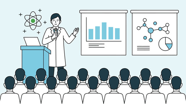Scientist in Lab Coat Giving a Research Presentation with Data Charts and Graphs to an Audience