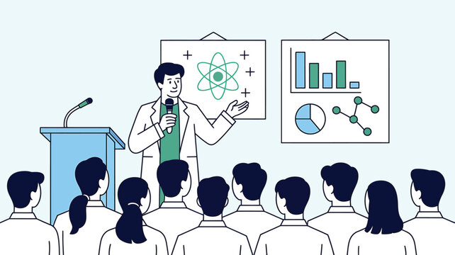Scientist Giving a Professional Presentation About Scientific Research to an Audience in Hall