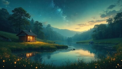 Fototapeta premium Small cabin sits by calm lake under starry sky with glowing lights in grass. Misty mountains and trees surround serene landscape. Warm light spills from window.
