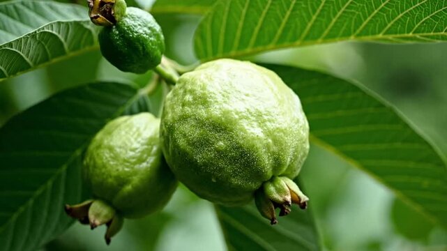 Close up of fresh guava fruit on a tree branch with green leaves growing outdoors