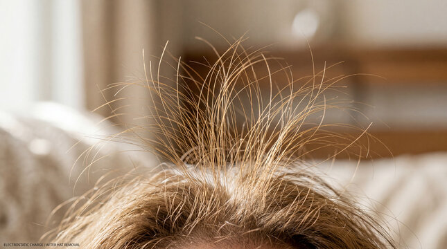 Bad hair day with static electricity causing hair to stand up indoors during winter season