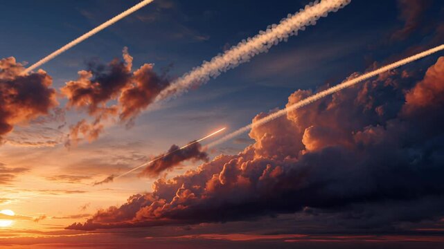 Meteors streaking through violet storm clouds, glowing fireballs trailing fiery plumes and smoky contrails, luminous sparks carving diagonal paths