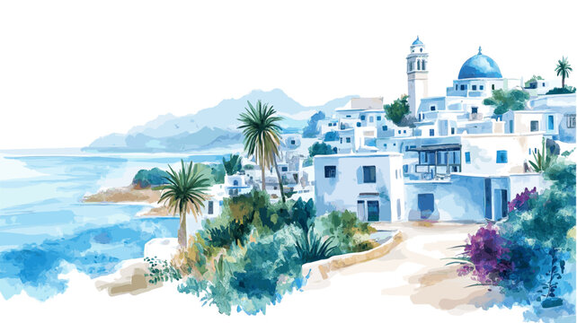 Sidi Bou Said. Sidi Bou Said hand drawn watercolor illustration on white background
