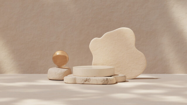 Natural stone cosmetic podium composition with layered platforms designed for skincare product display and branding mockup. Minimal studio setup with soft light. 3D render.