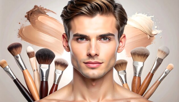 Handsome man surrounded by makeup brushes and smudges of cosmetic products on a neutral-toned background