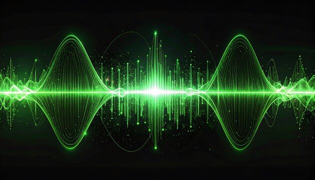 Green sound wave visualizer with sparkling particle effect against a dark background, symmetrical and energetic
