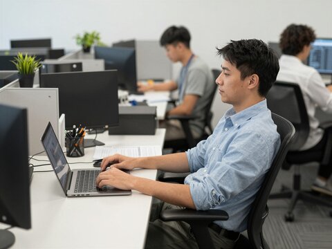 Young Asian Professional Working on Laptop in Modern Office