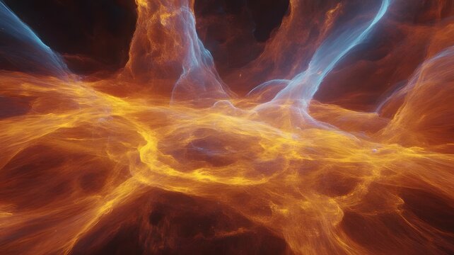 Vibrant cosmic energy vortex with swirling golden and orange light in dark space background