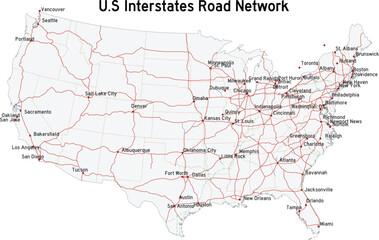 Map of United States with Interstate Road Network and Cities Editable Vector Illustration  © Griffin9678