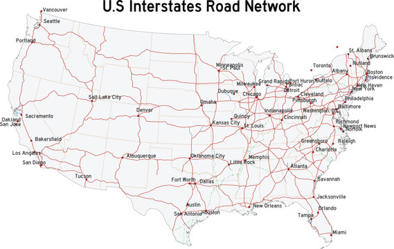 Map of United States with Interstate Road Network and Cities Editable Vector Illustration
