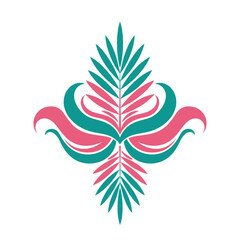 Obraz premium Symmetrical Floral Ornament with Palm Leaves, Tropical Design Element, Pink and Teal