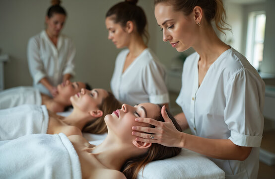 Instructor shows facial massage to students. Women learn skincare therapy in beauty school classroom. Beauticians practice face massage on clients for professional training.