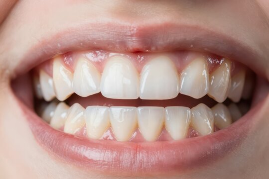 Mouth is open to display rows of human teeth. Pink and healthy gums surround the base of human teeth in a macro view. Mouth, teeth and lips captured in a detailed dental close-up.