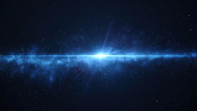 A luminous burst radiates across a cosmic canvas, suggesting immense energy. Nebulae and stars speckle the deep blue