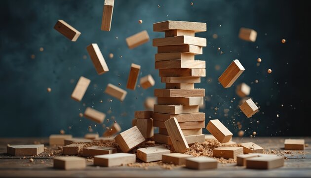Wooden blocks tumble from tall tower structure. Game pieces scatter in mid-air, signifying risk, downfall. Instability, crisis concepts are visually represented by falling blocks, broken structure.