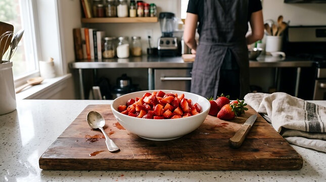 Person prepares fresh strawberries on kitchen countertop with utensils and bowl