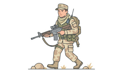 Obraz premium Soldier in Desert Camouflage Walking with Rifle Vector Illustration