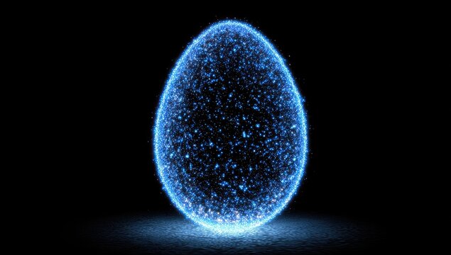 A luminous, egg-shaped object glows against a black backdrop. Sparkling particles form its form, creating a futuristic, ethereal look