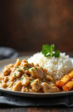 Chicken stroganoff served with fluffy white rice and crispy potato wedges. Savory meat stew seasoned with herbs and creamy sauce. Delicious homemade meal, perfect for lunch or dinner.