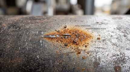 Naklejka premium Rust forming on metal surface near scratch source in an industrial setting during the afternoon