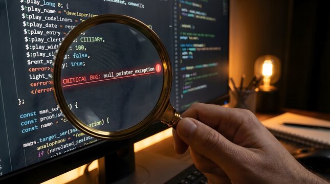 magnifying glass emphasizing critical bug null pointer exception error in programming source code software developer debugging system failure concept