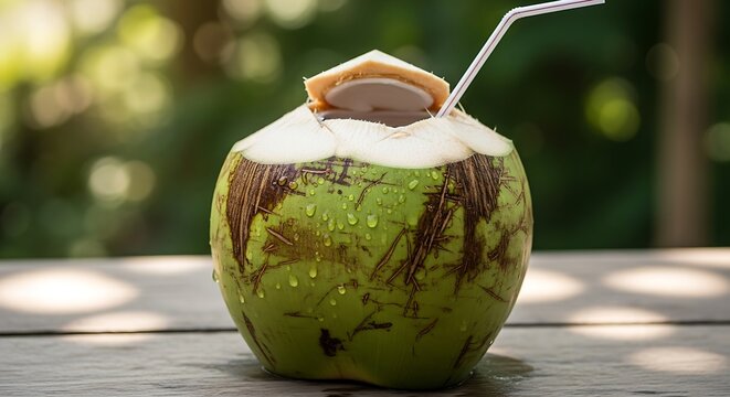 Coconut drink with straw on table.