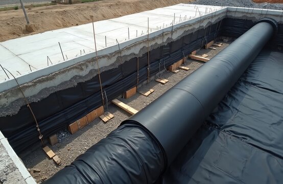 Construction site shows foundation preparation with geotextile fabric and large pipe. Layers of concrete gravel and black protective sheeting secure ground for future building structure.