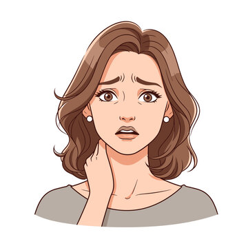 Woman with hand on neck looking concerned.