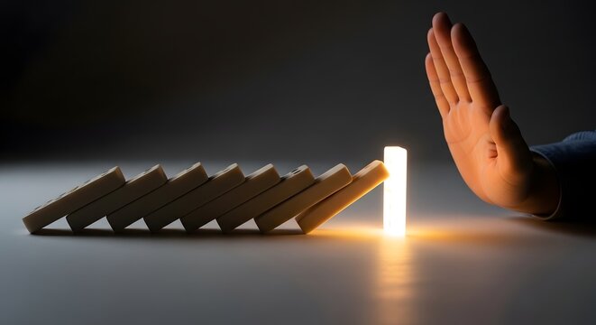 hand stopping falling dominoes illuminated by spotlight representing risk management strategic intervention and preventing chain reaction failure