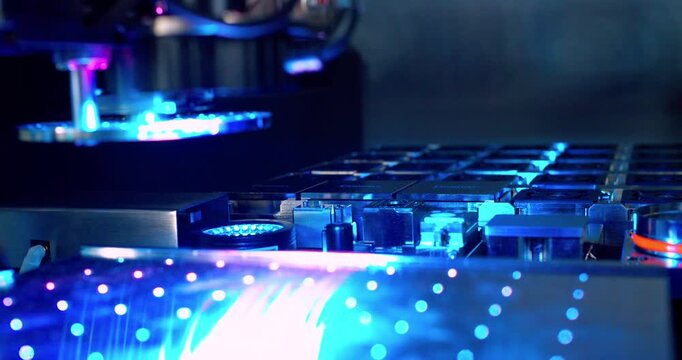  Modern hi-tech production. Electronic circuit boards production and installation of SMD components. Special equipment diagnose and test chips and processors. Manufacture of electronic chips. Close-up