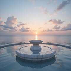 Naklejka premium A white stone pedestal sitting in a shallow, perfectly still pool of water that reflects a soft-focus tropical sunset