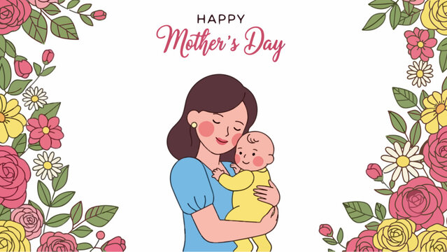 Happy Mother's Day Illustration of Mother Holding Infant with Vibrant Floral Side Borders