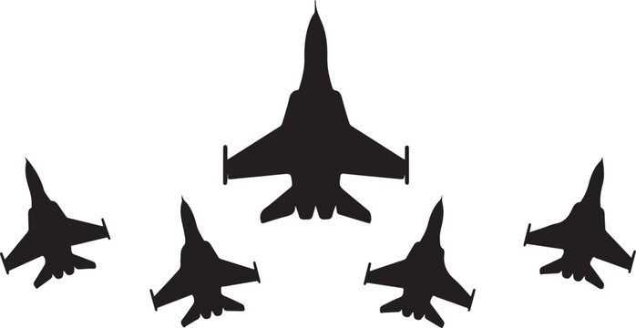Military jet fighter silhouettes, black aircraft icons, flying planes, aviation symbols