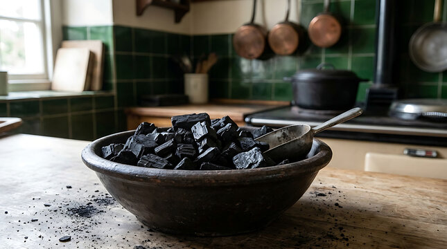 Charcoal chunks fill a rustic brown bowl on a kitchen countertop near pots.